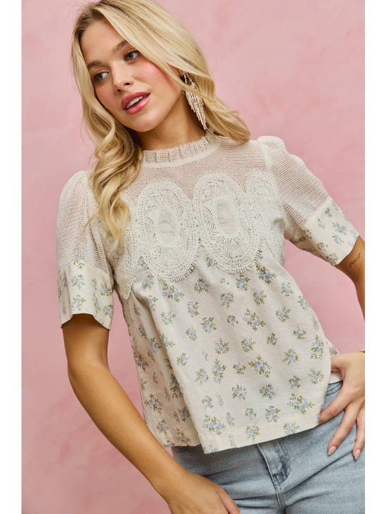 So Me Tops - So Me BLUE FLORAL PRINT LACE TRIM COTTON BLOUSE TOP